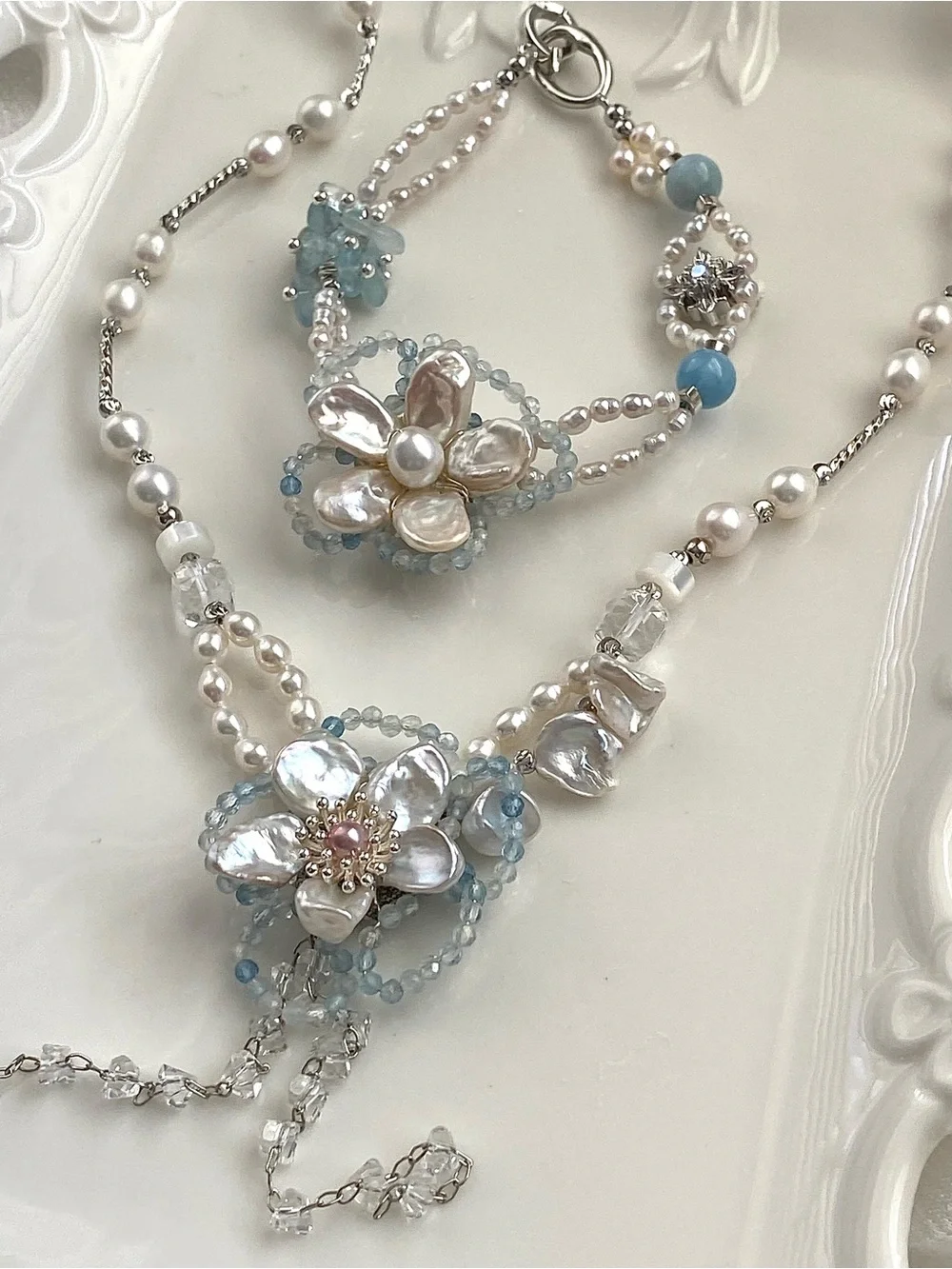 GP90-Handmade Aquamarine And Flower Petal Pearl Necklace And Bracelet Set